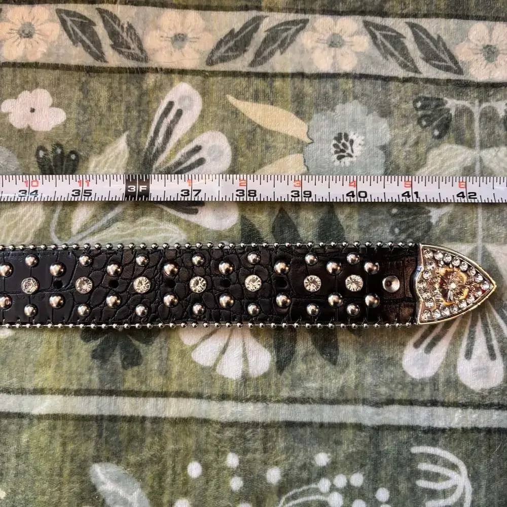 Y2K McBling Western Rhinestone and Cross Studded Black Crocodile Print Belt